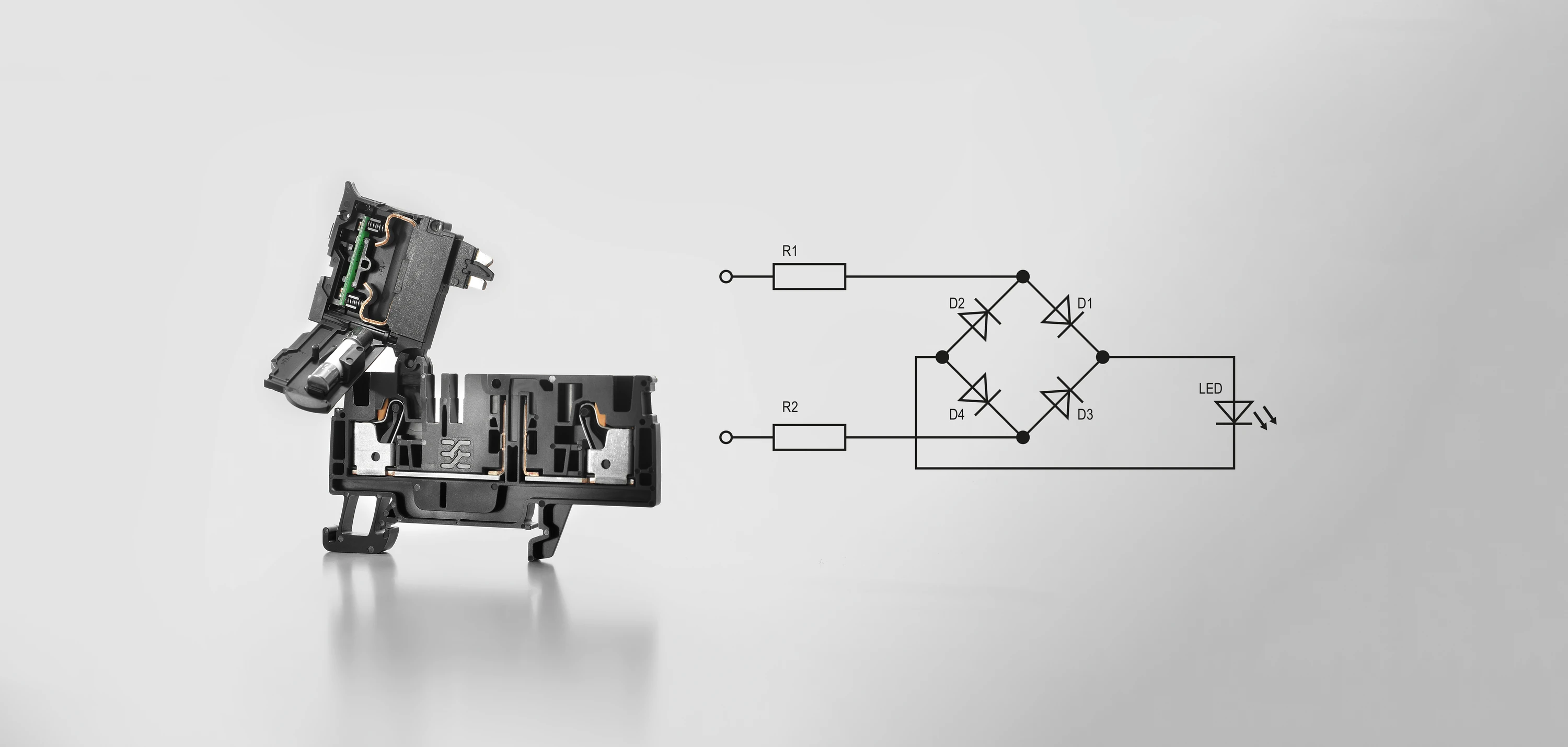 Biztosítéktartó kiolvadt biztosíték jelzésével (BFI) és minimális kóboráram (LLC)