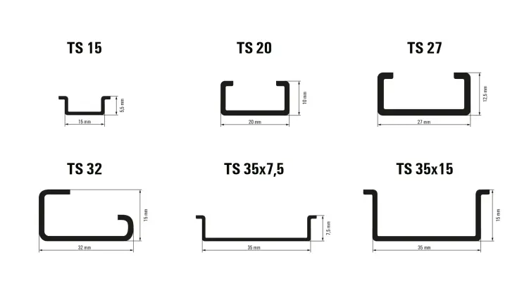 Top-hat rails, standard rails, mounting rails and profile rails in different designs and variants